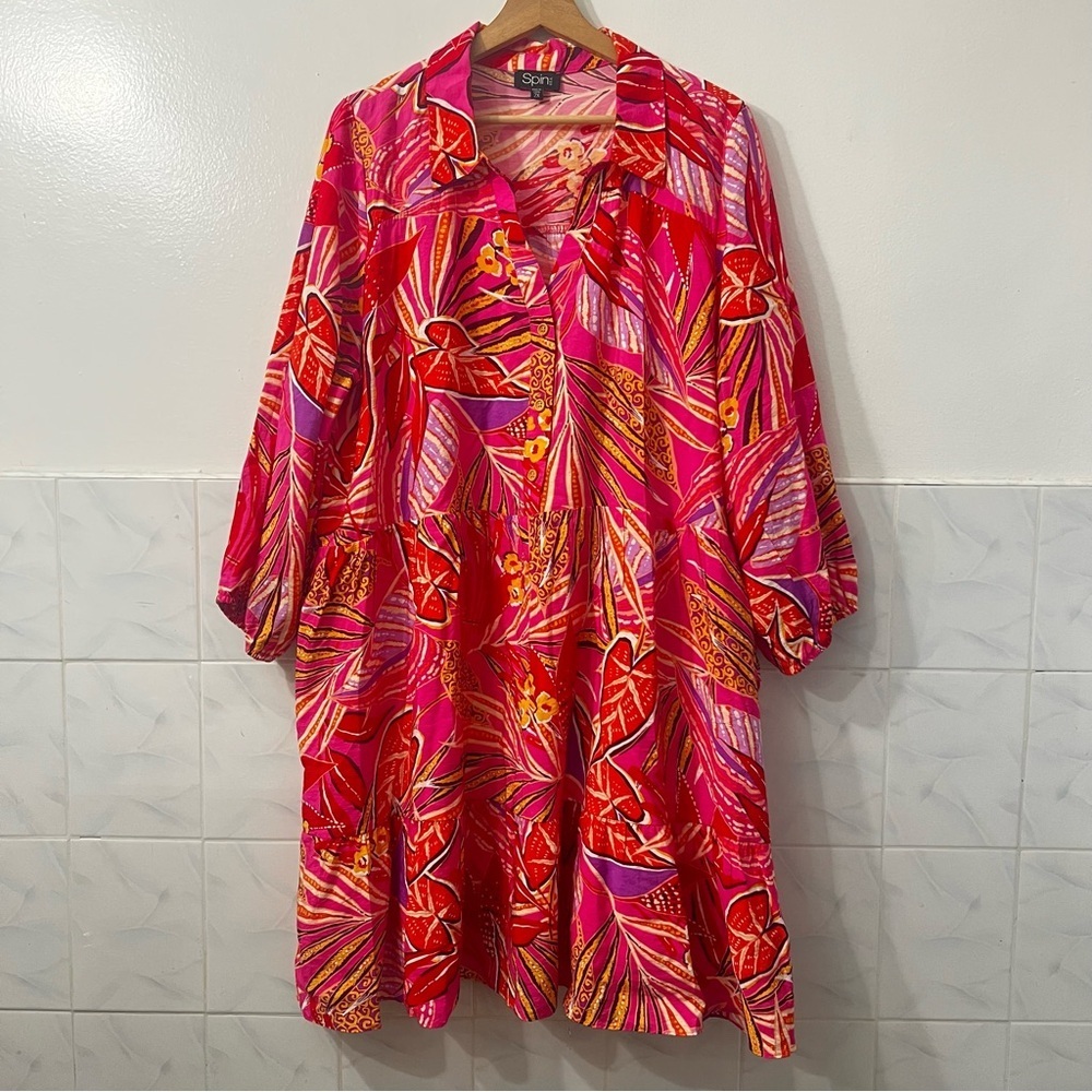 Spin USA Womens 2XL Pink Tropical Tiered Knee Length Shirt Dress Boho Maximalist